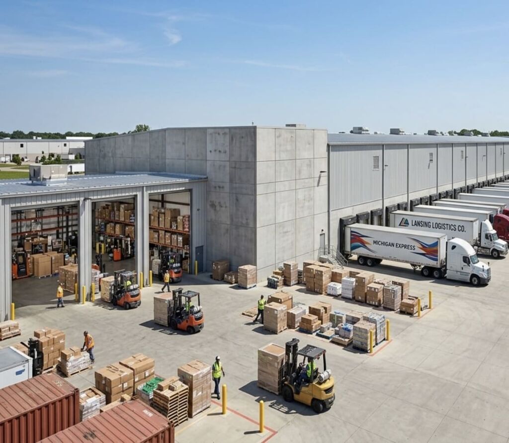 Cross docking facilities with trucks and logistics operations in Lansing, MI