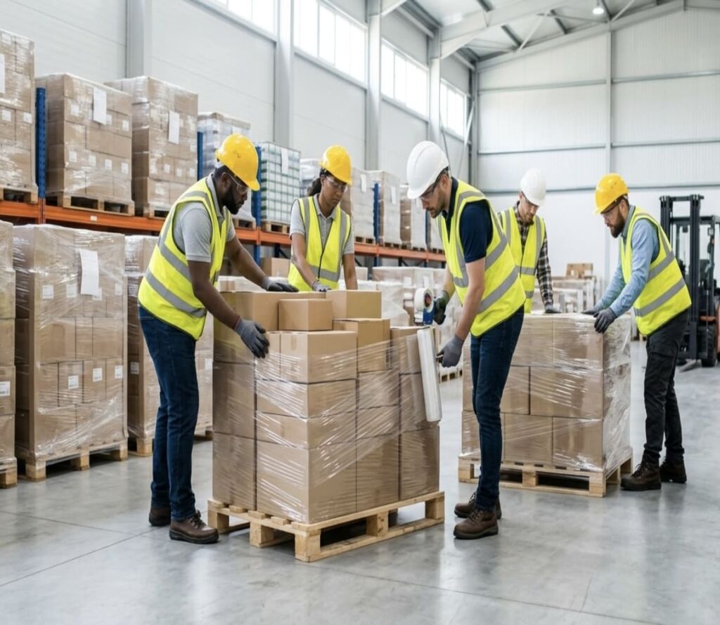 Warehouse workers reorganizing pallets for safe transport in Lansing, MI