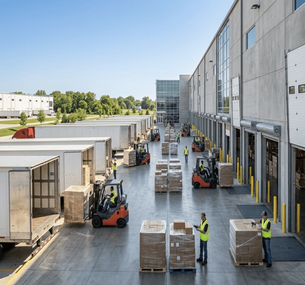 Cross docking facilities with trucks and logistics operations in Marion, IN