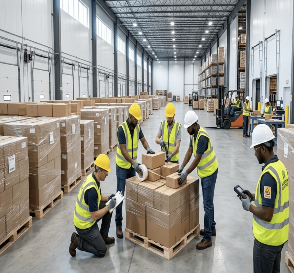 Warehouse workers reorganizing pallets for safe transport in Marion, IN