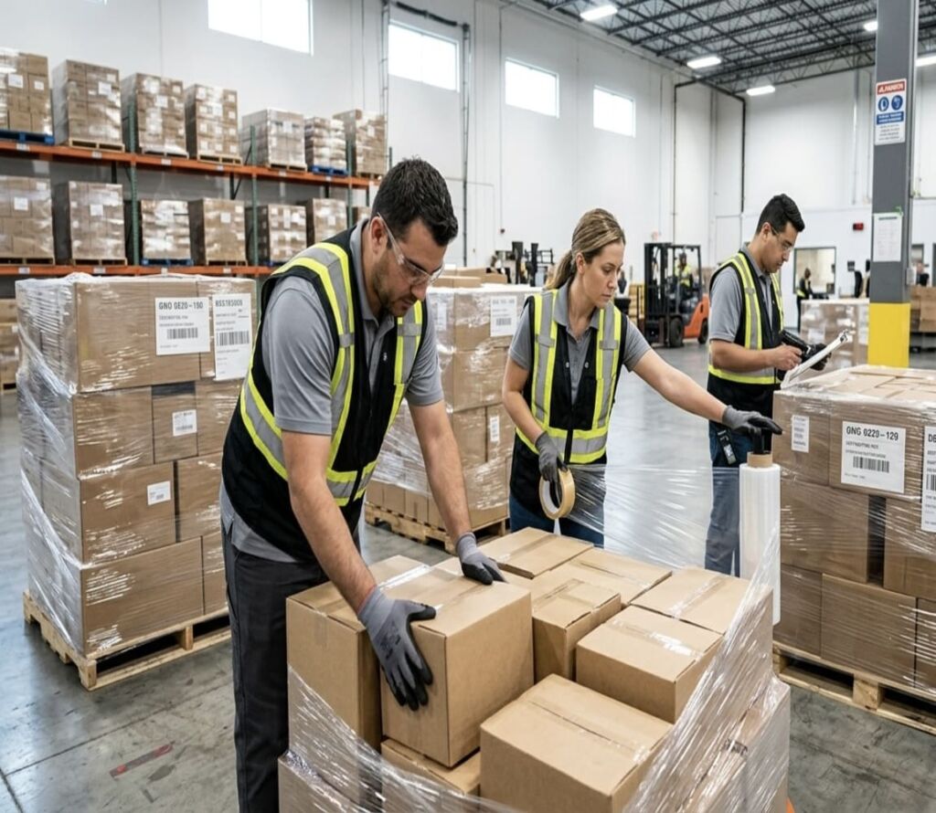 Warehouse workers reorganizing pallets for safe transport in Whitestown, IN
