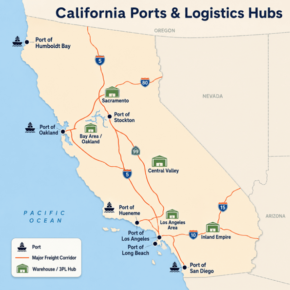 California ports and logistics hubs map showing major freight corridors, warehouses, and key 3PL locations. 