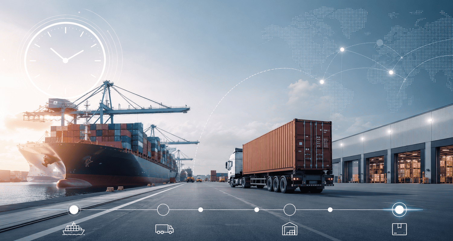 Container ship, drayage truck, and warehouse illustrating just-in-time shipping and synchronized container logistics.