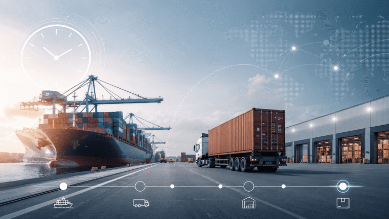 Container ship, drayage truck, and warehouse illustrating just-in-time shipping and synchronized container logistics.