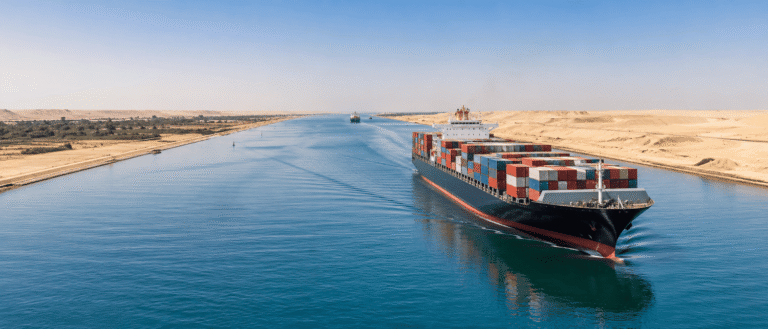 Container ship traveling through the Suez Canal, illustrating global supply chain challenges and shipping risks in 2026.