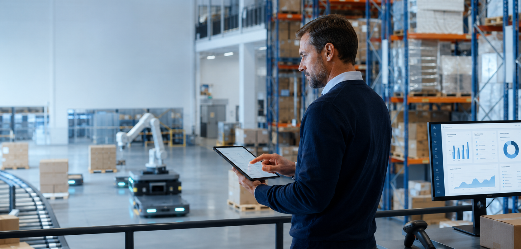 Warehouse manager reviewing a WMS in a modern warehouse.