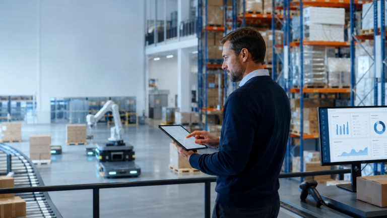 Warehouse manager reviewing a WMS in a modern warehouse.