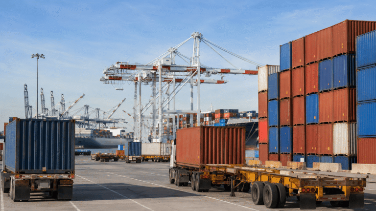 Shipping containers and chassis at a Long Beach container terminal in California.