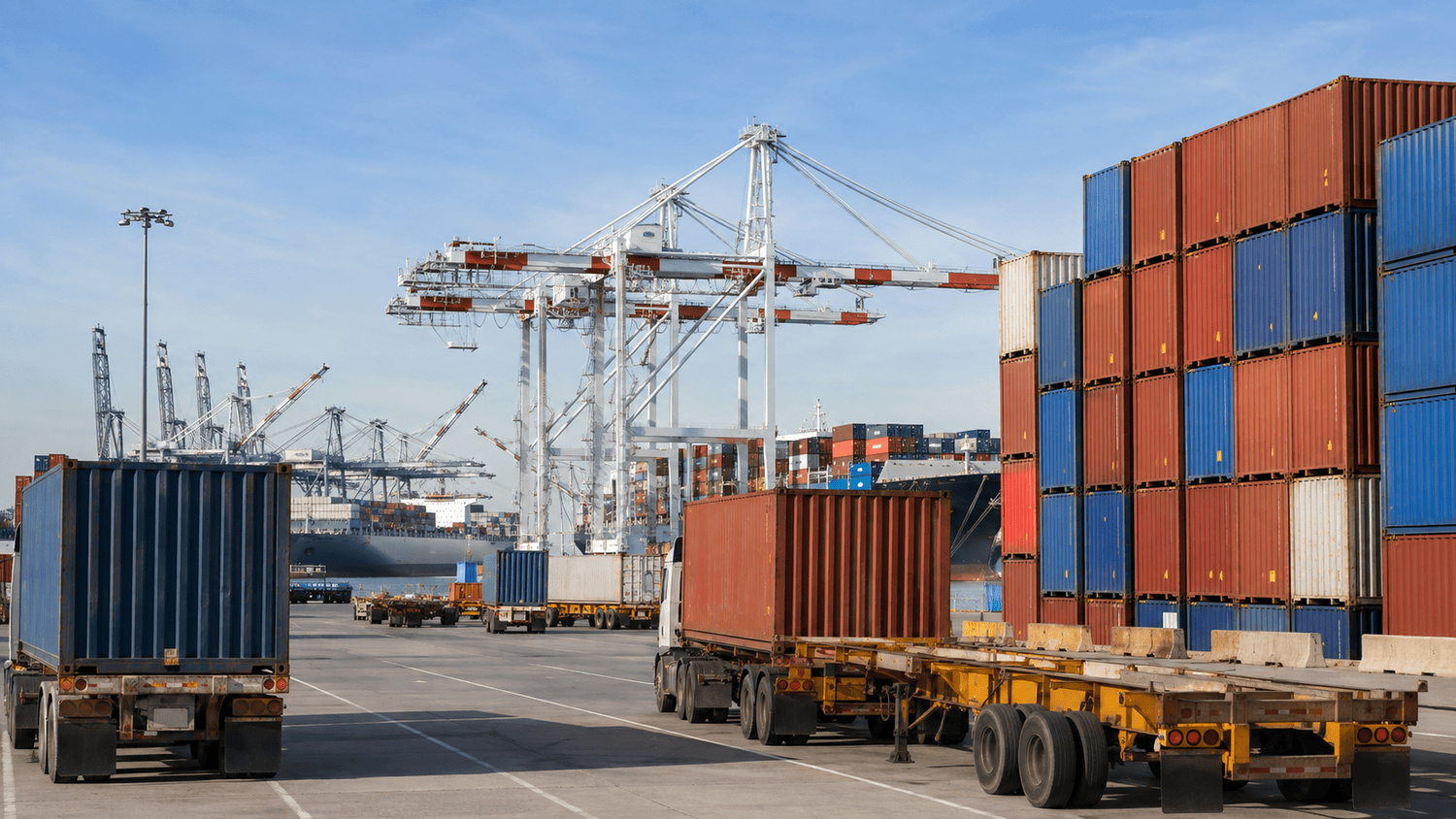 Shipping containers and chassis at a Long Beach container terminal in California.