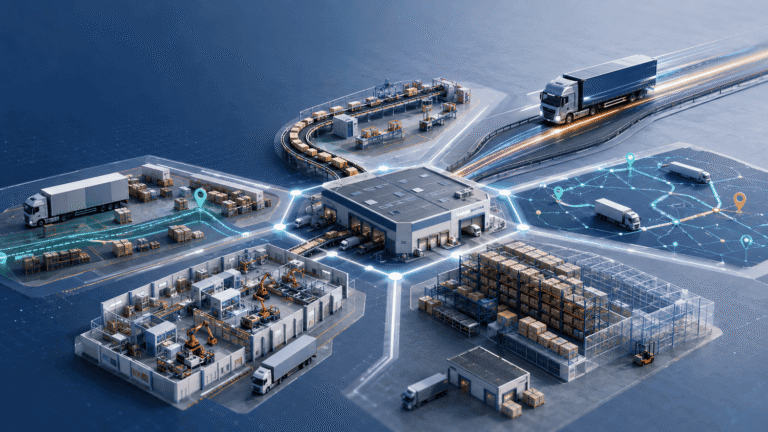 Six supply chain models connected through a modern warehouse and logistics network.