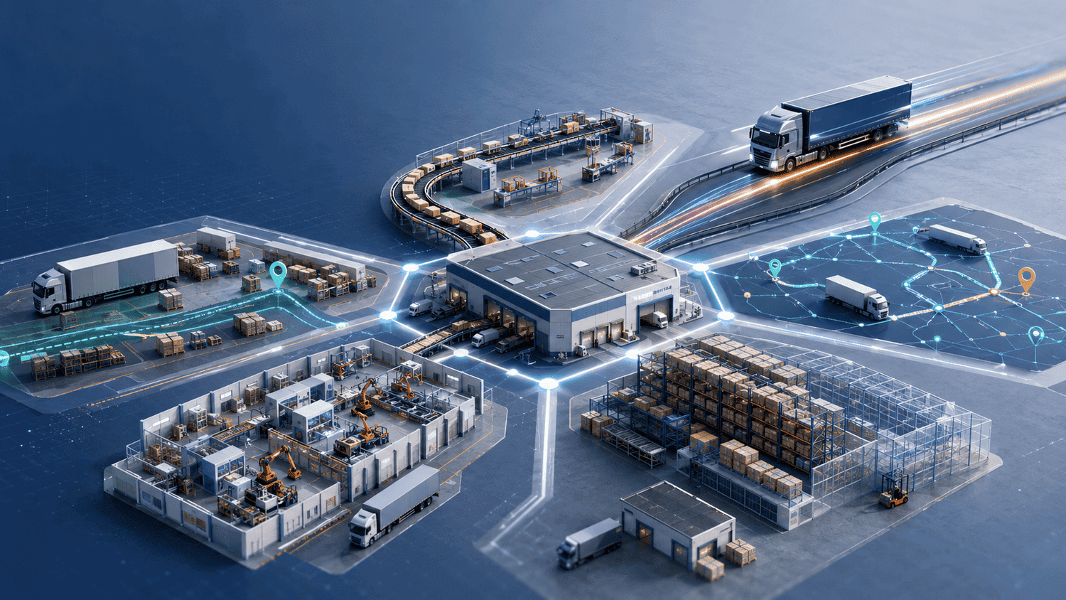 Six supply chain models connected through a modern warehouse and logistics network.
