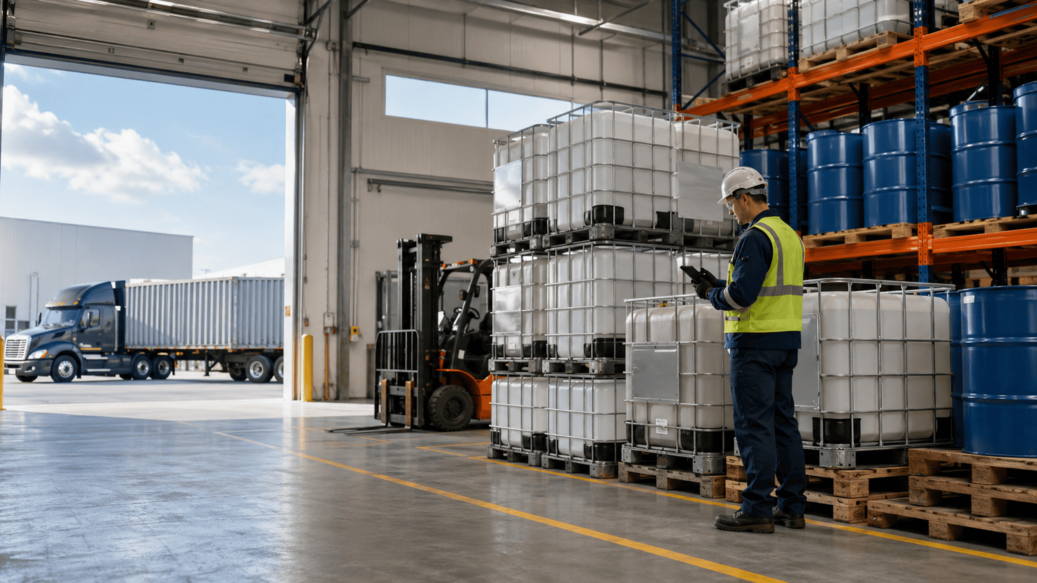 Chemical logistics warehouse with sealed drums, IBC totes, a safety-trained worker, and a freight truck.
