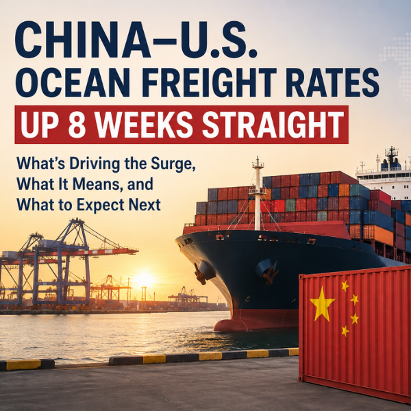 Container ship at a U.S. port illustrating eight consecutive weeks of rising China–U.S. ocean freight rates.