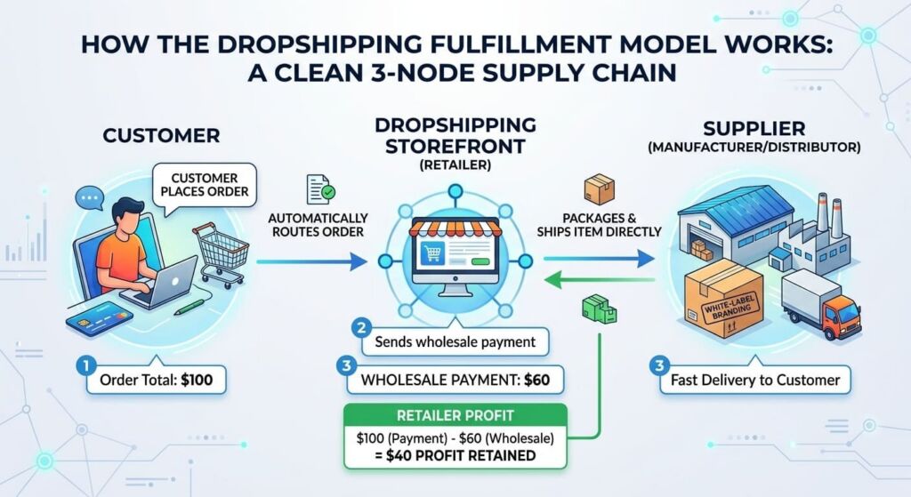 Step-by-step dropshipping order fulfillment and supply chain workflow diagram