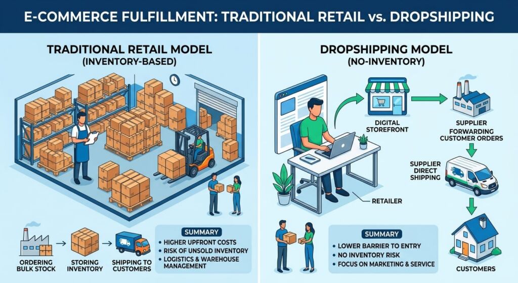 Diagram comparing traditional retail warehouse inventory model with dropshipping e-commerce fulfillment