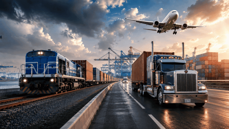 U.S. freight train, semi-truck, and cargo airplane representing rail, road, and air freight options in the 2026 logistics market.