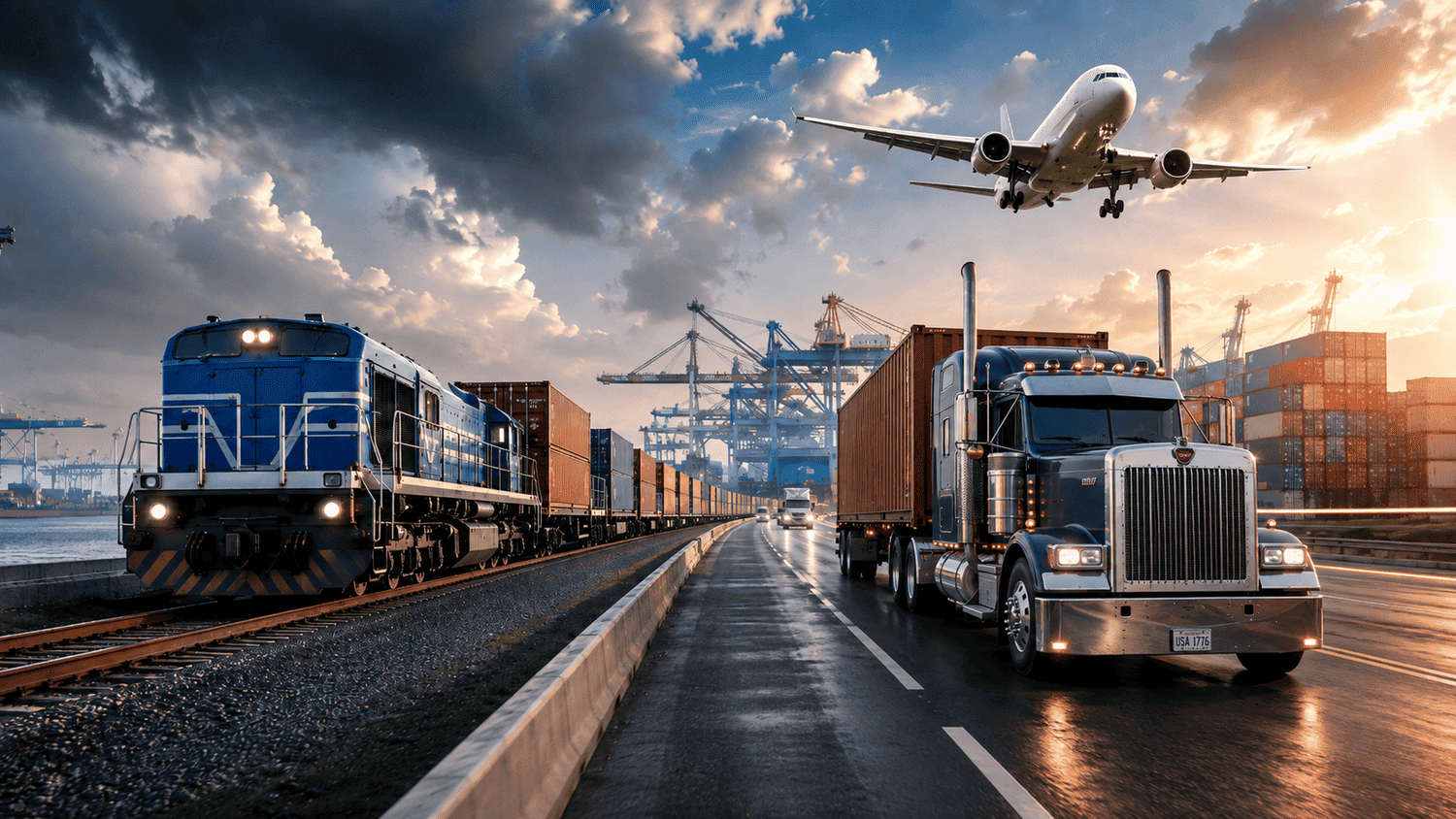 U.S. freight train, semi-truck, and cargo airplane representing rail, road, and air freight options in the 2026 logistics market.