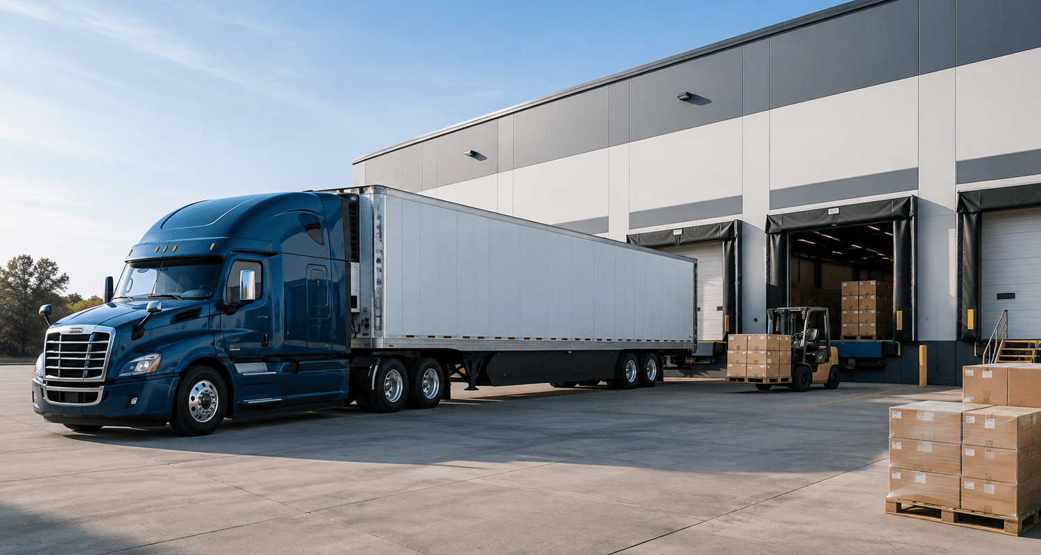 Semi-truck parked at a warehouse loading dock while a forklift moves palletized freight.