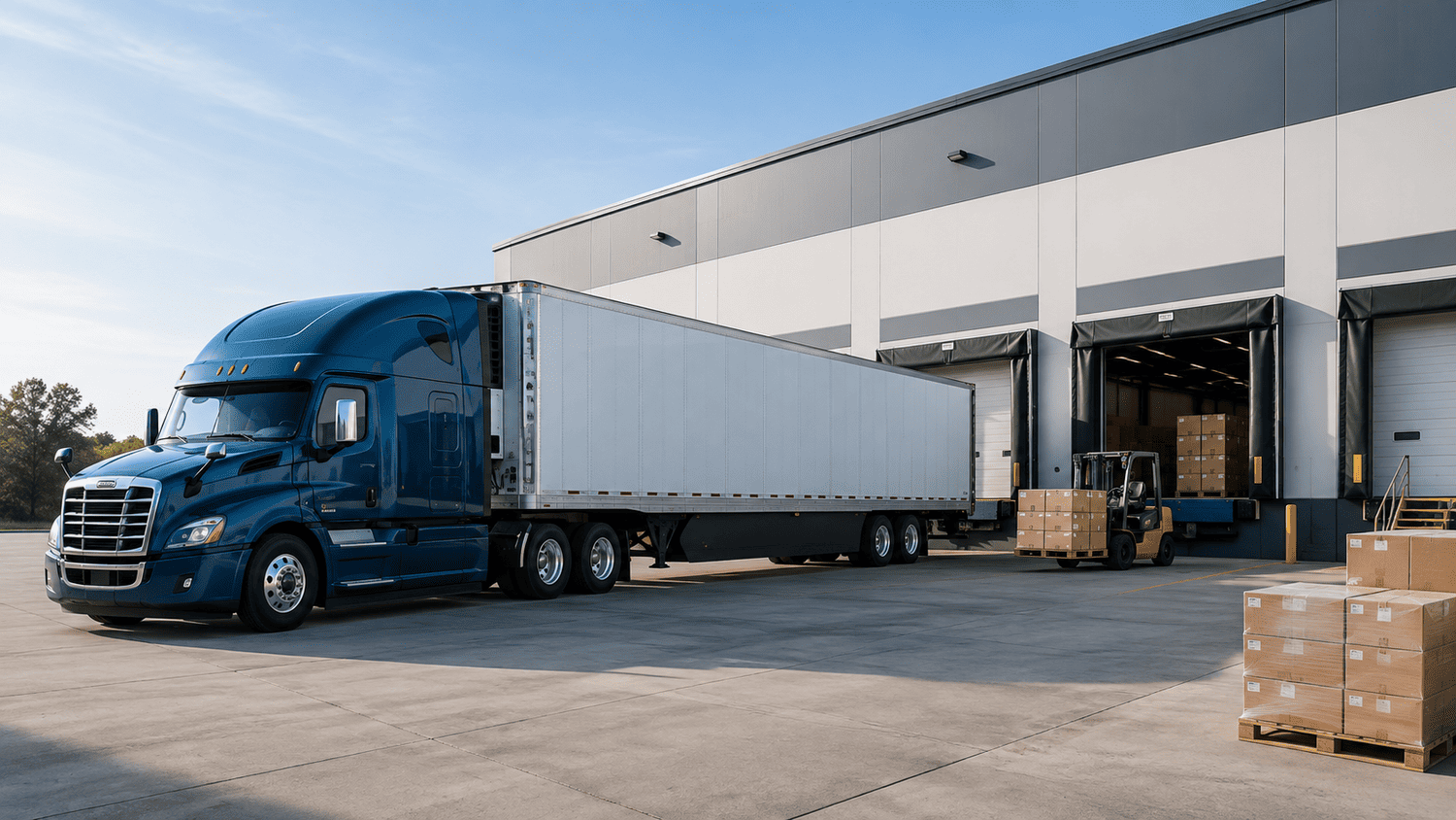 Semi-truck parked at a warehouse loading dock while a forklift moves palletized freight.
