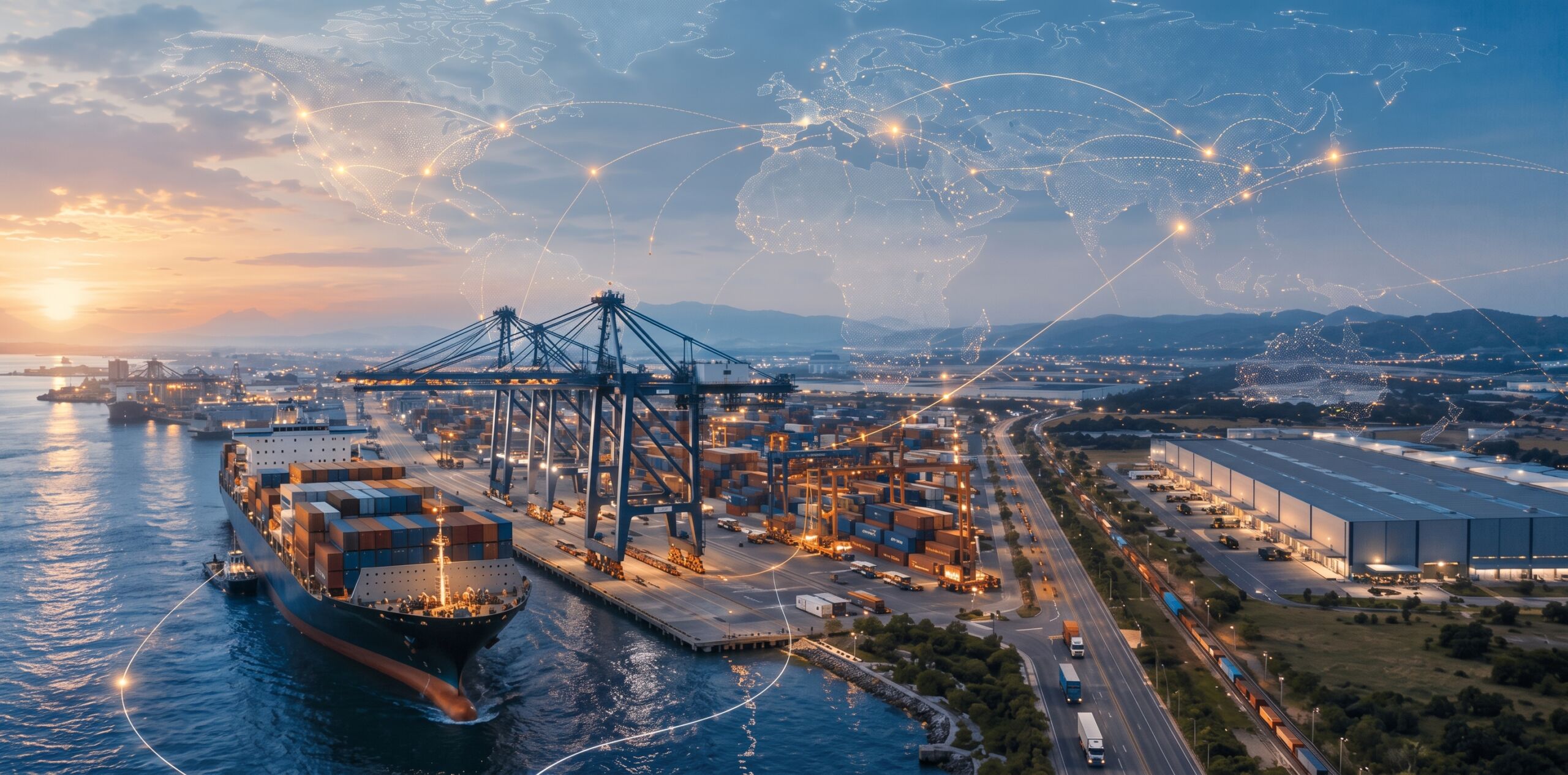 Global container ship, port cranes, warehouse, and trade routes illustrating global supply chain news in 2026.