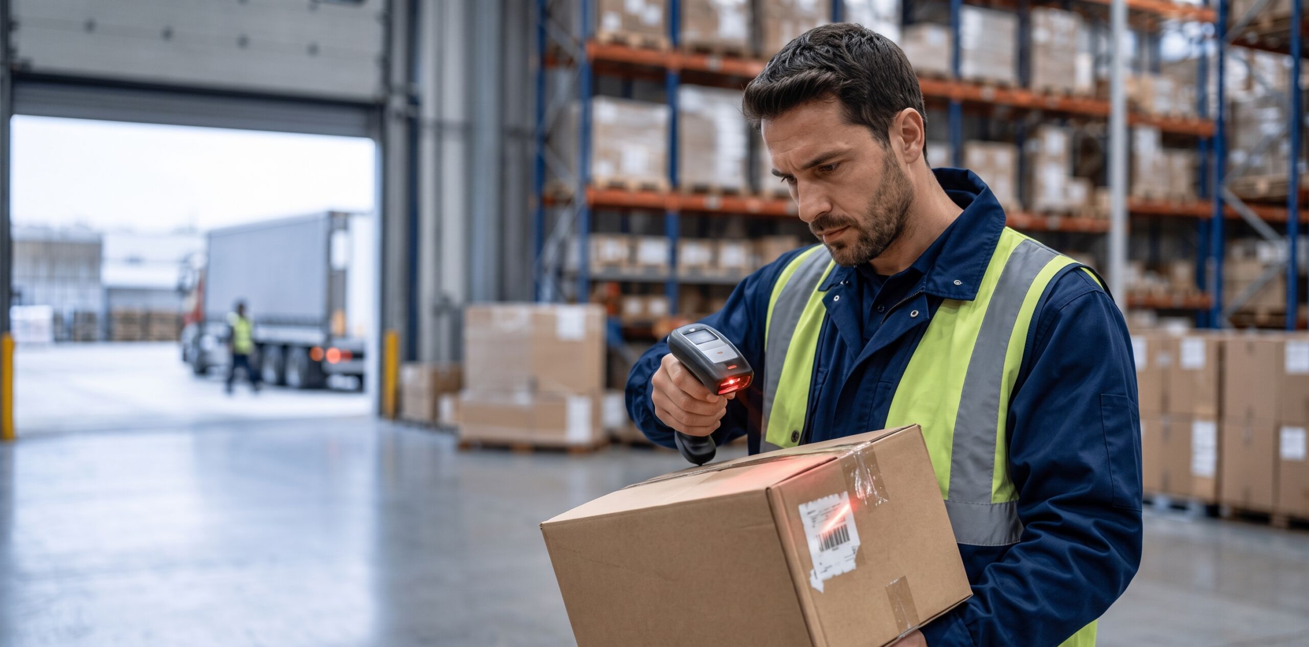 Warehouse worker scanning a package with a damaged barcode label after a shipment exception.