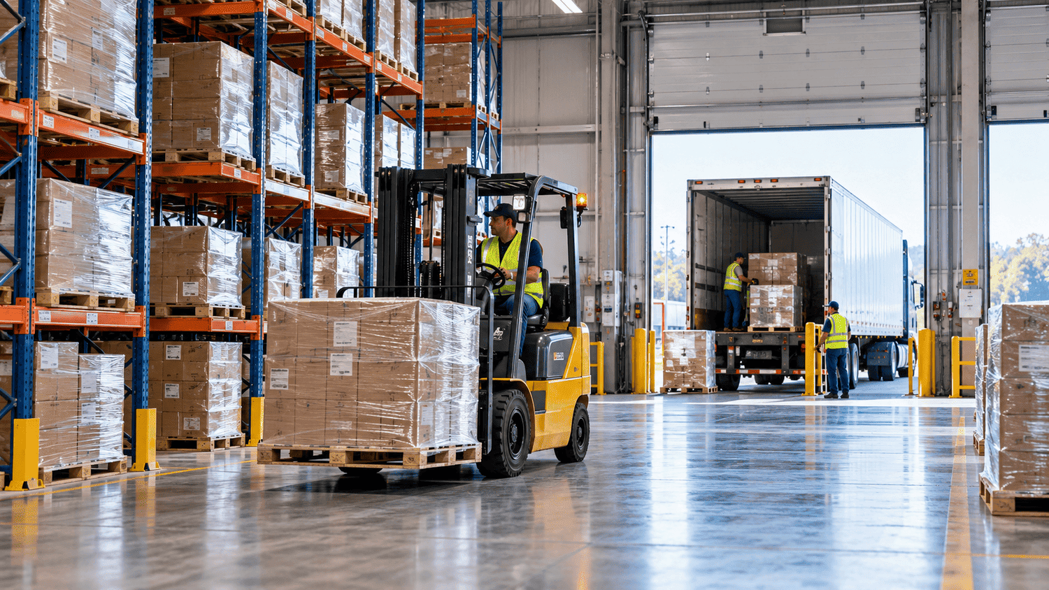 Forklift moving a wrapped pallet beside warehouse storage racks, with workers handling freight at a loading dock.