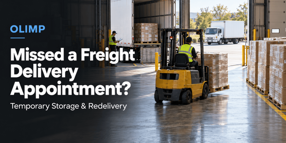 Forklift moving intact pallets into temporary warehouse storage before freight redelivery.