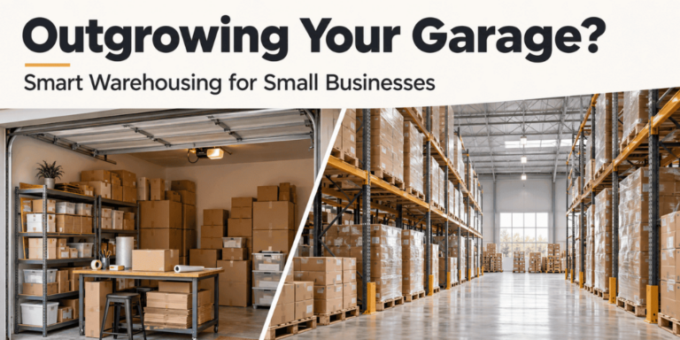 Small-business garage inventory beside organized warehouse storage.