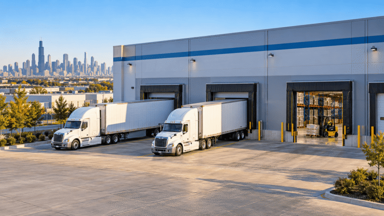 Warehouse loading docks with freight trucks, pallet storage, and the Chicago skyline in the background.