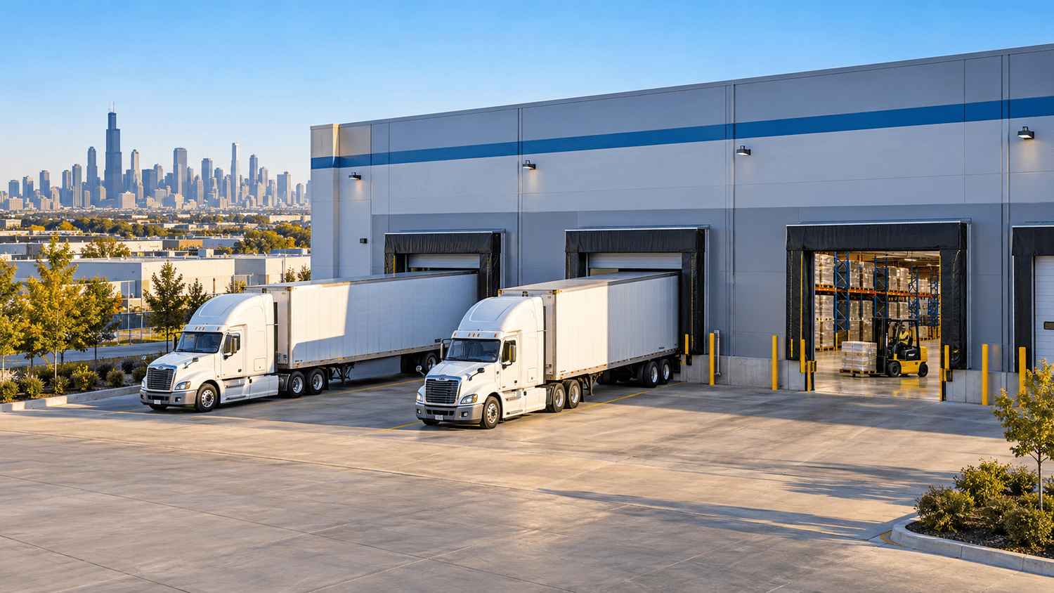 Warehouse loading docks with freight trucks, pallet storage, and the Chicago skyline in the background.