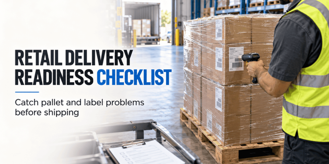 Warehouse worker scanning carton labels on a pallet during a retail delivery readiness inspection.