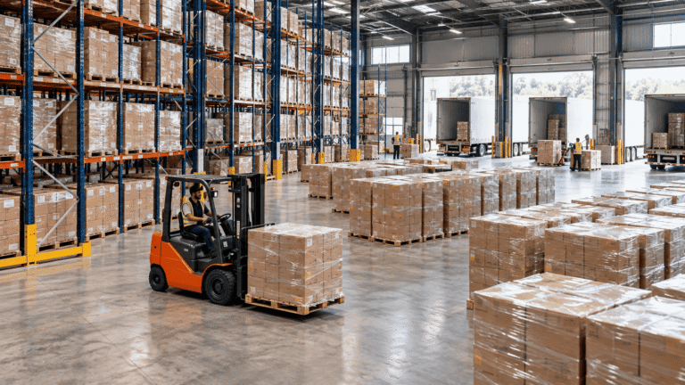 Forklift moving a pallet of boxes through a warehouse with stocked shelves and loading docks.