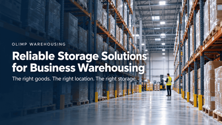 Organized warehouse with pallet storage and a worker checking inventory, illustrating reliable business warehousing solutions.