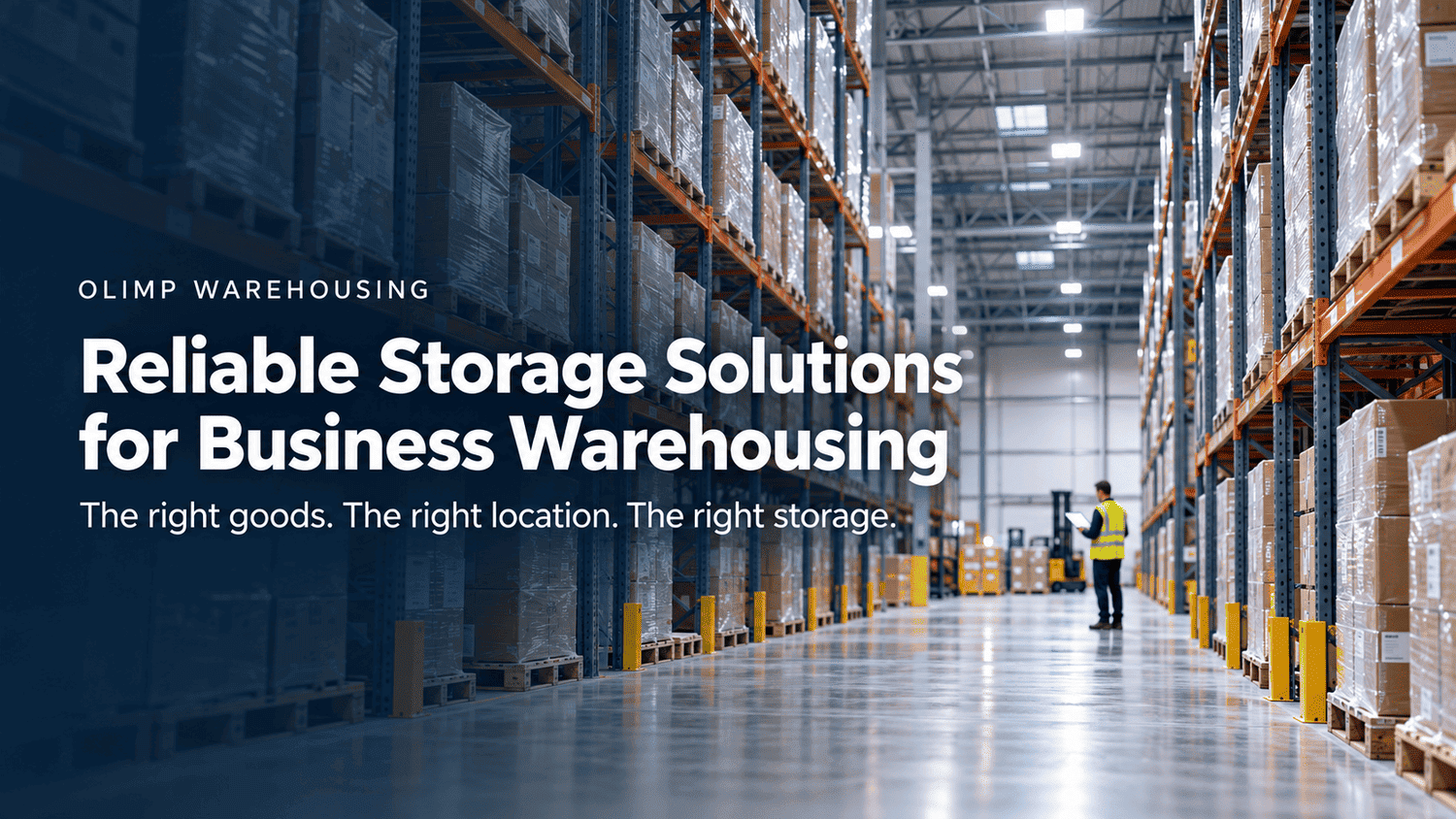 Organized warehouse with pallet storage and a worker checking inventory, illustrating reliable business warehousing solutions.