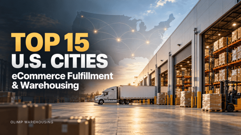 U.S. map above a fulfillment warehouse with palletized inventory and a freight truck, illustrating cities for eCommerce fulfillment and warehousing.