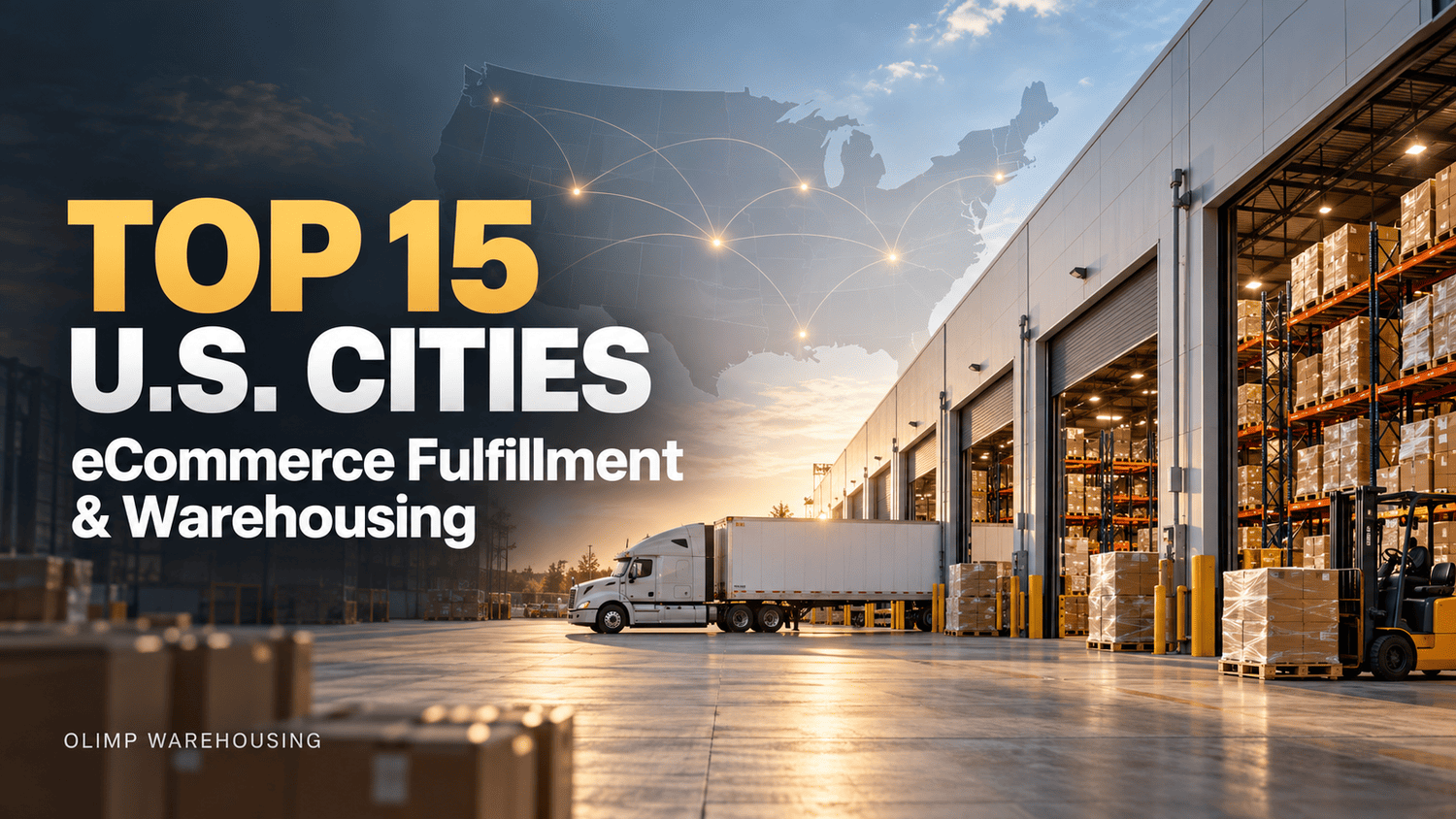 U.S. map above a fulfillment warehouse with palletized inventory and a freight truck, illustrating cities for eCommerce fulfillment and warehousing.