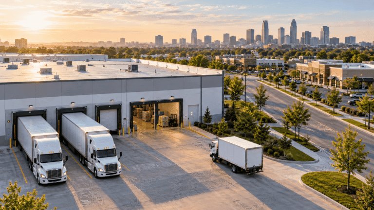 Trucks at a local distribution warehouse with nearby commercial buildings and a city skyline.