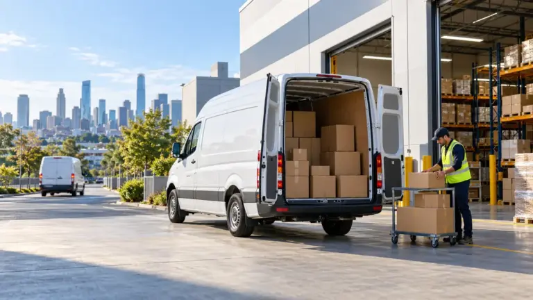 Warehouse worker preparing packages beside a delivery van for local same-day delivery.